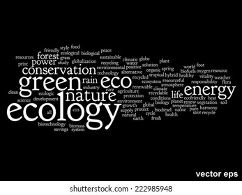Concepto vectorial o ecología verde abstracta conceptual y conservación palabra texto en nube sobre fondo negro, metáfora al medio ambiente, reciclar, tierra, alternativa, protección, energía, eco-amigable o bio
