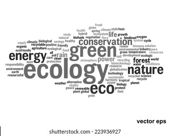 Vector concept or conceptual abstract green ecology and conservation word cloud text on white background, metaphor to environment, recycle, earth, alternative, protection, energy, eco friendly or bio