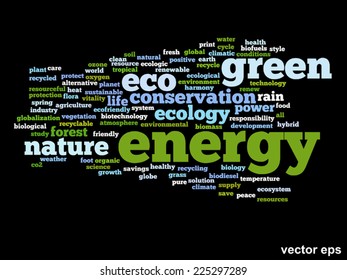 Vector concept or conceptual abstract green ecology and conservation word cloud text on black background, metaphor to environment, recycle, earth, alternative, protection, energy, eco friendly or bio