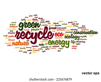 Concepto vectorial o ecología verde abstracta conceptual y conservación palabra en nube texto sobre fondo blanco, metáfora al medio ambiente, reciclar, tierra, alternativa, protección, energía, eco-amigable o bio