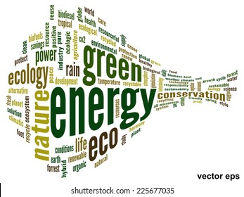 Concepto vectorial o ecología verde abstracta conceptual y conservación texto en nube sobre fondo blanco, metáfora al medio ambiente, reciclado, tierra, alternativa, protección, energía, eco-amigable o biológico