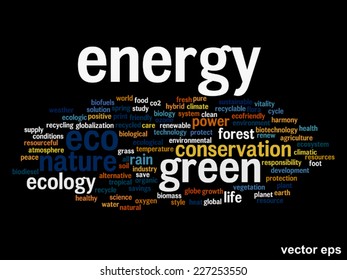 Vector concept or conceptual abstract green ecology and conservation word cloud text on black background, metaphor to environment, recycle, earth, alternative, protection, energy, eco friendly or bio