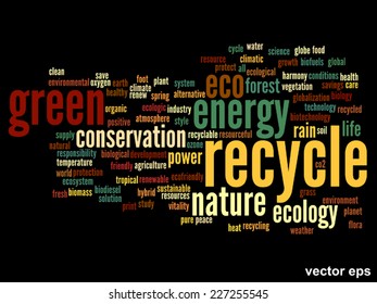 Vector concept or conceptual abstract green ecology and conservation word cloud text on black background, metaphor to environment, recycle, earth, alternative, protection, energy, eco friendly or bio