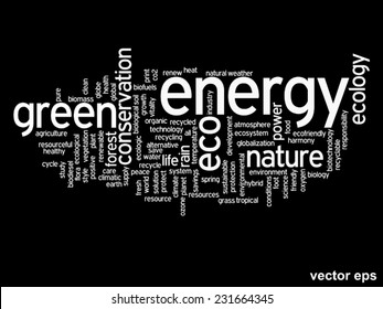 Vector concept or conceptual abstract green ecology and conservation word cloud text on black background, metaphor to environment, recycle, earth, alternative, protection, energy, eco friendly or bio