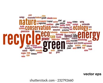 Concepto vectorial o ecología verde abstracta conceptual y conservación palabra en nube texto sobre fondo blanco, metáfora al medio ambiente, reciclar, tierra, alternativa, protección, energía, eco-amigable o bio