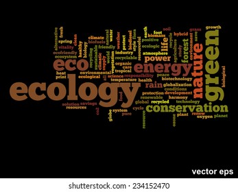 Vector concept or conceptual abstract green ecology and conservation word cloud text on black background, metaphor to environment, recycle, earth, alternative, protection, energy, eco friendly or bio