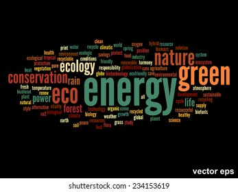 Vector concept or conceptual abstract green ecology and conservation word cloud text on black background, metaphor to environment, recycle, earth, alternative, protection, energy, eco friendly or bio