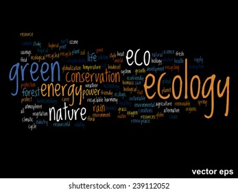 Vector concept or conceptual abstract green ecology and conservation word cloud text on black background, metaphor to environment, recycle, earth, alternative, protection, energy, eco friendly or bio