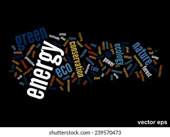 Concepto vectorial o ecología verde abstracta conceptual y conservación palabra texto en nube sobre fondo negro, metáfora al medio ambiente, reciclar, tierra, alternativa, protección, energía, eco-amigable o bio