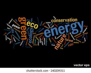 Vector concept or conceptual abstract green ecology and conservation word cloud text on black background, metaphor to environment, recycle, earth, alternative, protection, energy, eco friendly or bio