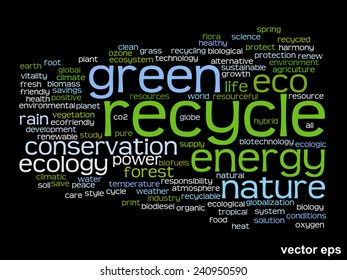 Vector concept or conceptual abstract green ecology and conservation word cloud text on black background, metaphor to environment, recycle, earth, alternative, protection, energy, eco friendly or bio