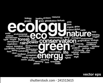 Concepto vectorial o ecología verde abstracta conceptual y conservación palabra texto en nube sobre fondo negro, metáfora al medio ambiente, reciclar, tierra, alternativa, protección, energía, eco-amigable o bio