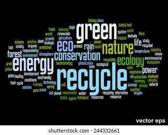 Vektor-Konzept oder konzeptionell abstrakte grüne Ökologie und Konservierungswortwolke auf schwarzem Hintergrund, Metapher für Umwelt, Recycling, Erde, Alternative, Schutz, Energie, umweltfreundlich oder bio