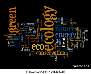 Vector concept or conceptual abstract green ecology and conservation word cloud text on black background, metaphor to environment, recycle, earth, alternative, protection, energy, eco friendly or bio
