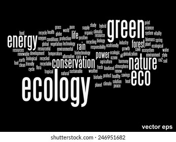 Vector concept or conceptual abstract green ecology and conservation word cloud text on black background, metaphor to environment, recycle, earth, alternative, protection, energy, eco friendly or bio