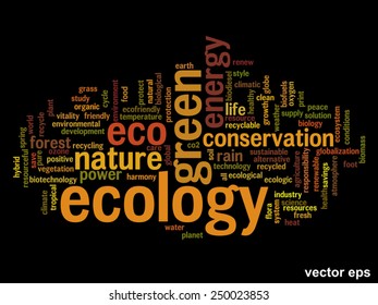Vector concept or conceptual abstract green ecology and conservation word cloud text on black background, metaphor to environment, recycle, earth, alternative, protection, energy, eco friendly or bio