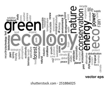 Concepto vectorial o ecología verde abstracta conceptual y conservación palabra en nube texto sobre fondo blanco, metáfora al medio ambiente, reciclar, tierra, alternativa, protección, energía, eco-amigable o bio
