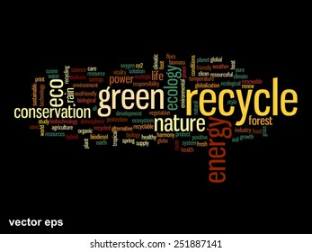 Vektor-Konzept oder konzeptionell abstrakte grüne Ökologie und Konservierungswortwolke auf schwarzem Hintergrund, Metapher für Umwelt, Recycling, Erde, Alternative, Schutz, Energie, umweltfreundlich oder bio