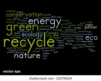 Vector concept or conceptual abstract green ecology and conservation word cloud text on black background, metaphor to environment, recycle, earth, alternative, protection, energy, eco friendly or bio