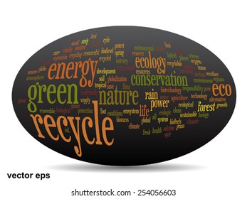 Concepto vectorial o ecología verde abstracta conceptual y conservación palabra texto en nube sobre fondo negro, metáfora al medio ambiente, reciclar, tierra, alternativa, protección, energía, eco-amigable o bio