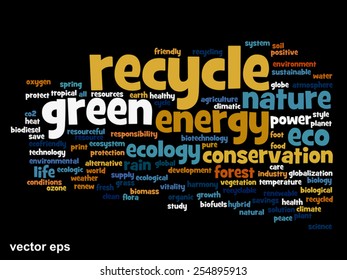 Vector concept or conceptual abstract green ecology and conservation word cloud text on black background, metaphor to environment, recycle, earth, alternative, protection, energy, eco friendly or bio