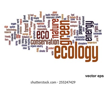 Vektor-Konzept oder konzeptionell abstrakte grüne Ökologie und Konservierungswortwolke auf weißem Hintergrund, Metapher für Umwelt, Recycling, Erde, Alternative, Schutz, Energie, umweltfreundlich oder bio