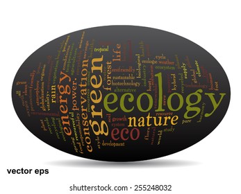 Concepto vectorial o ecología verde abstracta conceptual y conservación palabra texto en nube sobre fondo negro, metáfora al medio ambiente, reciclar, tierra, alternativa, protección, energía, eco-amigable o bio