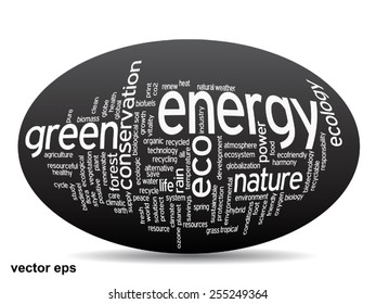 Vector concept or conceptual abstract green ecology and conservation word cloud text on black background, metaphor to environment, recycle, earth, alternative, protection, energy, eco friendly or bio