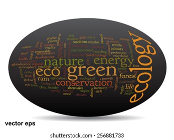 Concepto vectorial o ecología verde abstracta conceptual y conservación palabra texto en nube sobre fondo negro, metáfora al medio ambiente, reciclar, tierra, alternativa, protección, energía, eco-amigable o bio