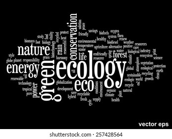 Vector concept or conceptual abstract green ecology and conservation word cloud text on black background, metaphor to environment, recycle, earth, alternative, protection, energy, eco friendly or bio