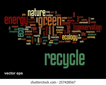 Vector concept or conceptual abstract green ecology and conservation word cloud text on black background, metaphor to environment, recycle, earth, alternative, protection, energy, eco friendly or bio