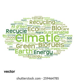 Concepto vectorial o ecología verde abstracta conceptual y conservación palabra en nube texto sobre fondo blanco, metáfora al medio ambiente, reciclar, tierra, alternativa, protección, energía, eco-amigable o bio