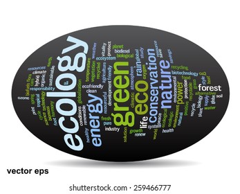 Vector concept or conceptual abstract green ecology and conservation word cloud text on black background, metaphor to environment, recycle, earth, alternative, protection, energy, eco friendly or bio