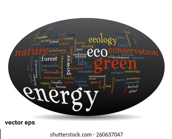 Concepto vectorial o ecología verde abstracta conceptual y conservación palabra texto en nube sobre fondo negro, metáfora al medio ambiente, reciclar, tierra, alternativa, protección, energía, eco-amigable o bio