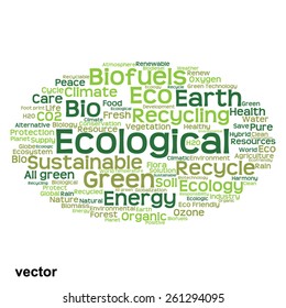 Vector concept or conceptual abstract green ecology and conservation word cloud text on white background, metaphor to environment, recycle, earth, alternative, protection, energy, eco friendly or bio