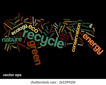 Vector concept or conceptual abstract green ecology and conservation word cloud text on black background, metaphor to environment, recycle, earth, alternative, protection, energy, eco friendly or bio