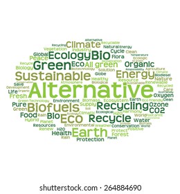 Concepto vectorial o ecología verde abstracta conceptual y conservación palabra en nube texto sobre fondo blanco, metáfora al medio ambiente, reciclar, tierra, alternativa, protección, energía, eco-amigable o bio