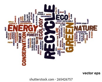 Concepto vectorial o ecología verde abstracta conceptual y conservación palabra en nube texto sobre fondo blanco, metáfora al medio ambiente, reciclar, tierra, alternativa, protección, energía, eco-amigable o bio
