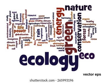 Vektor-Konzept oder konzeptionell abstrakte grüne Ökologie und Konservierungswortwolke auf weißem Hintergrund, Metapher für Umwelt, Recycling, Erde, Alternative, Schutz, Energie, umweltfreundlich oder bio