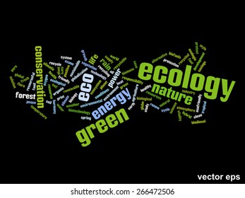 Vector concept or conceptual abstract green ecology and conservation word cloud text on black background, metaphor to environment, recycle, earth, alternative, protection, energy, eco friendly or bio