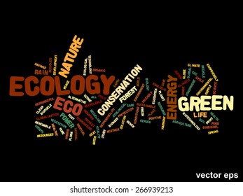 Vector concept or conceptual abstract green ecology and conservation word cloud text on black background, metaphor to environment, recycle, earth, alternative, protection, energy, eco friendly or bio