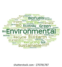 Concepto vectorial o ecología verde abstracta conceptual y conservación palabra en nube texto sobre fondo blanco, metáfora al medio ambiente, reciclar, tierra, alternativa, protección, energía, eco-amigable o bio