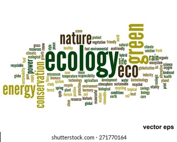 Vektor-Konzept oder konzeptionell abstrakte grüne Ökologie und Konservierungswortwolke auf weißem Hintergrund, Metapher für Umwelt, Recycling, Erde, Alternative, Schutz, Energie, umweltfreundlich oder bio