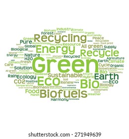 Concepto vectorial o ecología verde abstracta conceptual y conservación palabra en nube texto sobre fondo blanco, metáfora al medio ambiente, reciclar, tierra, alternativa, protección, energía, eco-amigable o bio