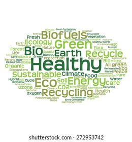 Concepto vectorial o ecología verde abstracta conceptual y conservación palabra en nube texto sobre fondo blanco, metáfora al medio ambiente, reciclar, tierra, alternativa, protección, energía, eco-amigable o bio