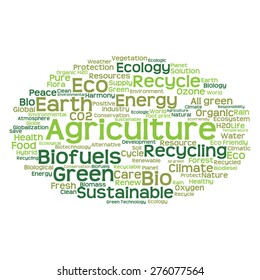 Vektor-Konzept oder konzeptionell abstrakte grüne Ökologie und Konservierungswortwolke auf weißem Hintergrund, Metapher für Umwelt, Recycling, Erde, Alternative, Schutz, Energie, umweltfreundlich oder bio