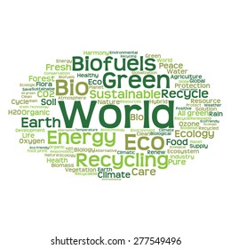 Concepto vectorial o ecología verde abstracta conceptual y conservación palabra en nube texto sobre fondo blanco, metáfora al medio ambiente, reciclar, tierra, alternativa, protección, energía, eco-amigable o bio