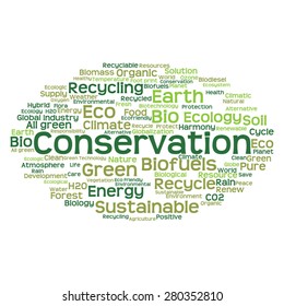 Concepto vectorial o ecología verde abstracta conceptual y conservación palabra en nube texto sobre fondo blanco, metáfora al medio ambiente, reciclar, tierra, alternativa, protección, energía, eco-amigable o bio