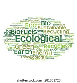 Conceito vetorial ou abstrato conceitual ecologia verde e conservação palavra nuvem texto sobre fundo branco, metáfora para o ambiente, reciclar, terra, alternativa, proteção, energia, eco amigável ou bio