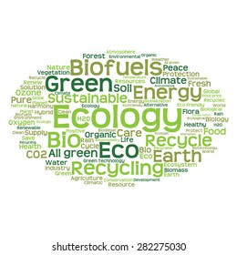 Vector concept or conceptual abstract green ecology and conservation word cloud text on white background, metaphor to environment, recycle, earth, alternative, protection, energy, eco friendly or bio